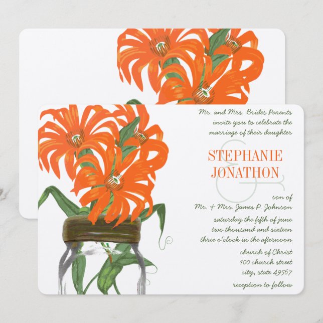 Invitación Naranja Coral Mason Jar Rustic Barn Boda (Anverso / Reverso)