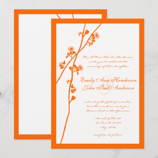 Invitación Naranja Coral Wildflower Branch Wedding Invita (Anverso / Reverso)