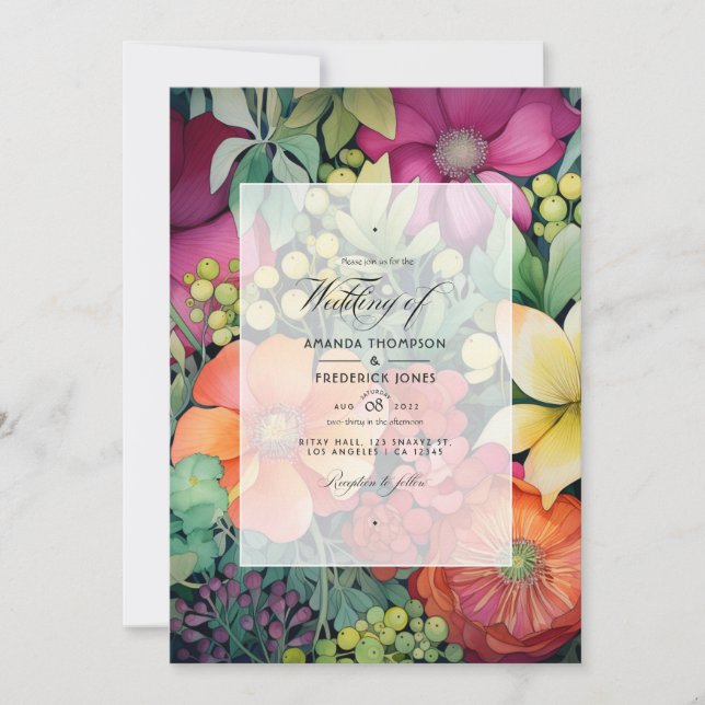 Invitación Naranja, Cranberry y Boda Floral Verde (Anverso)