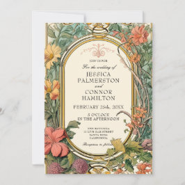 Invitación Naranja crema Boda floral vintage verde