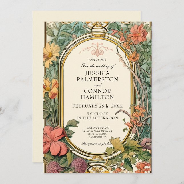 Invitación Naranja crema Boda floral vintage verde (Anverso / Reverso)