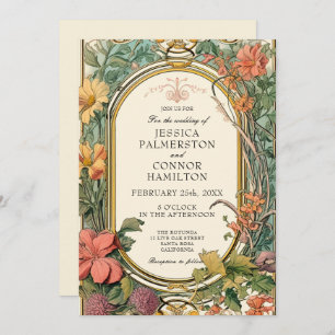 Invitación Naranja crema Boda floral vintage verde