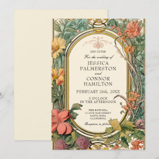 Invitación Naranja crema Boda floral vintage verde