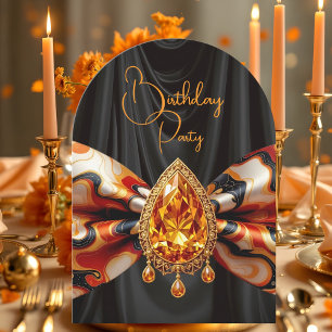 Invitación Naranja Cumpleaños Moda Años 60 Arco Joyería Dorad