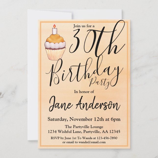 Invitación Naranja Cupcake Fiesta 30 cumpleaños (Anverso)