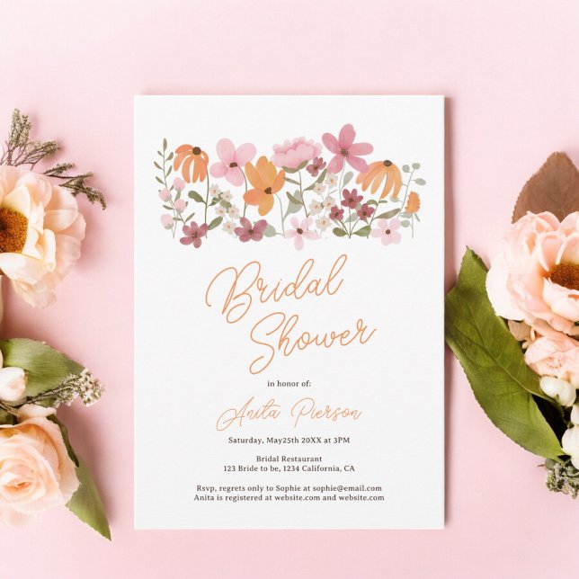 Invitación Naranja Cute boho pradera flor silvestre ducha de  (Orange Cute boho meadow wildflower bridal shower Invitation)