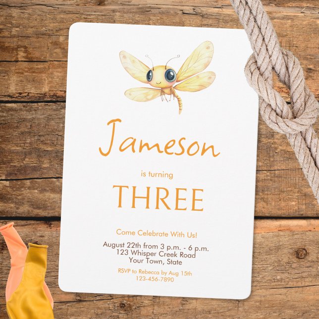 Invitación Naranja Cute Dragonfly Aniversario del niño amaril (Subido por el creador)