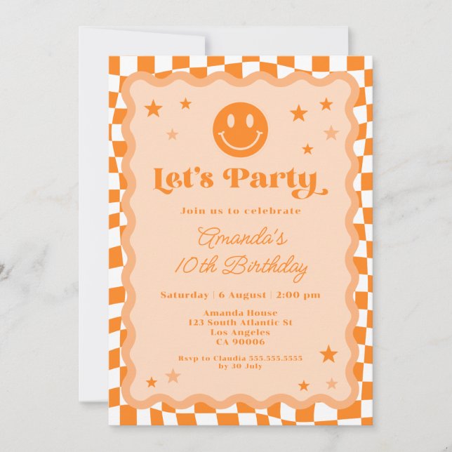 Invitación Naranja Cute Feliz Cara Chica al mando (Anverso)
