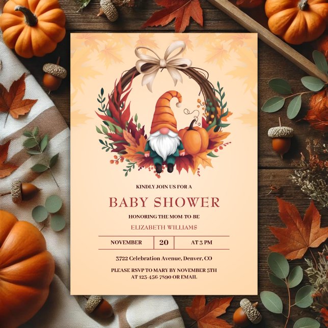 Invitación Naranja Cute Gnome Cae Calabaza Wreath Baby Shower (Orange Cute Gnome Fall Pumpkin Wreath Baby Shower Invitation)