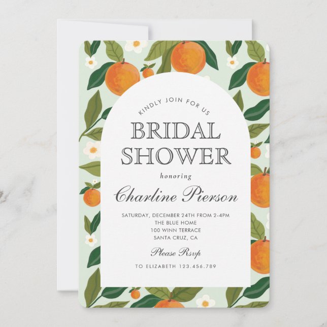 Invitación Naranja Cute Green Summer Bridal Shower (Anverso)