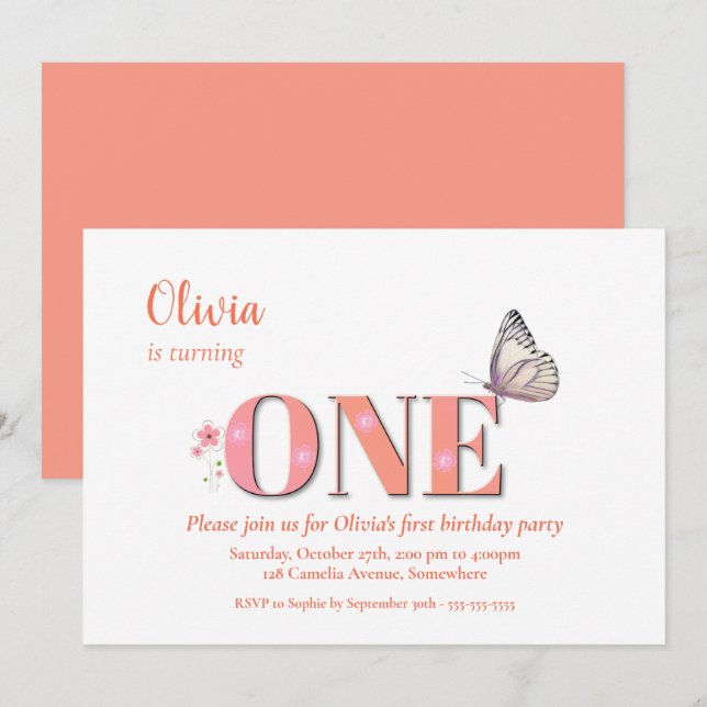 Invitación Naranja Cute Primer Fiesta de Cumpleaños (Anverso / Reverso)