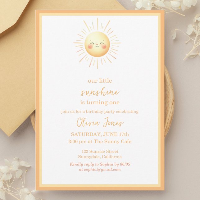 Invitación Naranja Cute Sunshine y Boho Amarillo 1er cumpleañ (Subido por el creador)