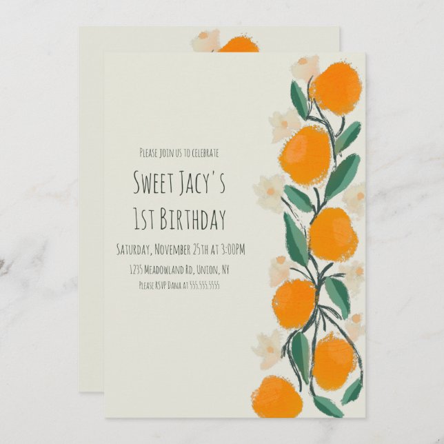 Invitación Naranja Cute Sweet Botanical Floral Cumpleaños (Anverso / Reverso)