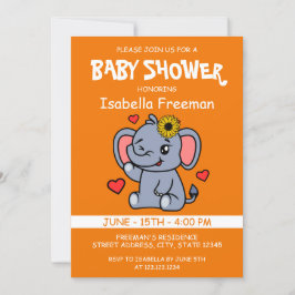 Invitación Naranja Cute Vector Chica Elephant Baby Shower