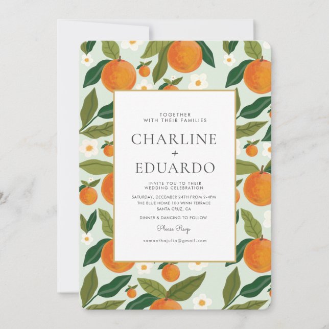 Invitación Naranja Cute Verde Verano Boda Código QR (Anverso)