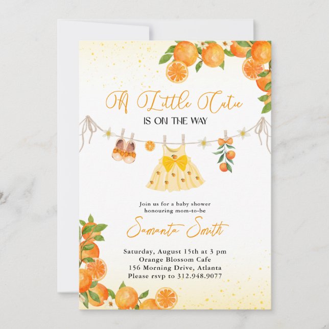 Invitación Naranja Cutie Chica Clothesline Baby Shower (Anverso)