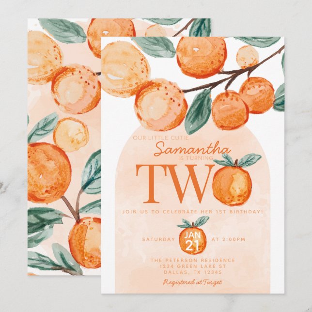 Invitación Naranja Cutie cumple dos años como Fiesta (Anverso / Reverso)