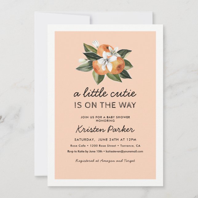 Invitación Naranja Cutie Está En Camino De Baby Shower (Anverso)