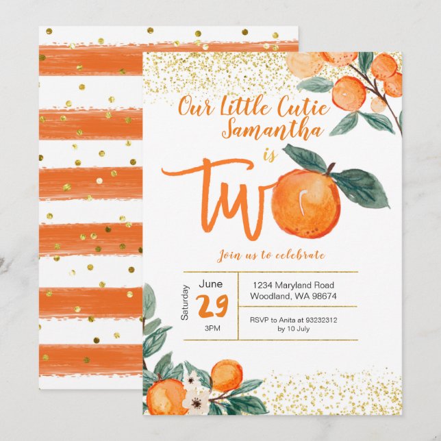 Invitación Naranja Cutie Purpurina de oro de segundo cumpleañ (Anverso / Reverso)