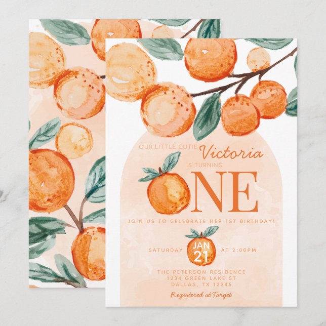 Invitación Naranja Cutie vuelve a ser un primer Fiesta de cum (Anverso / Reverso)
