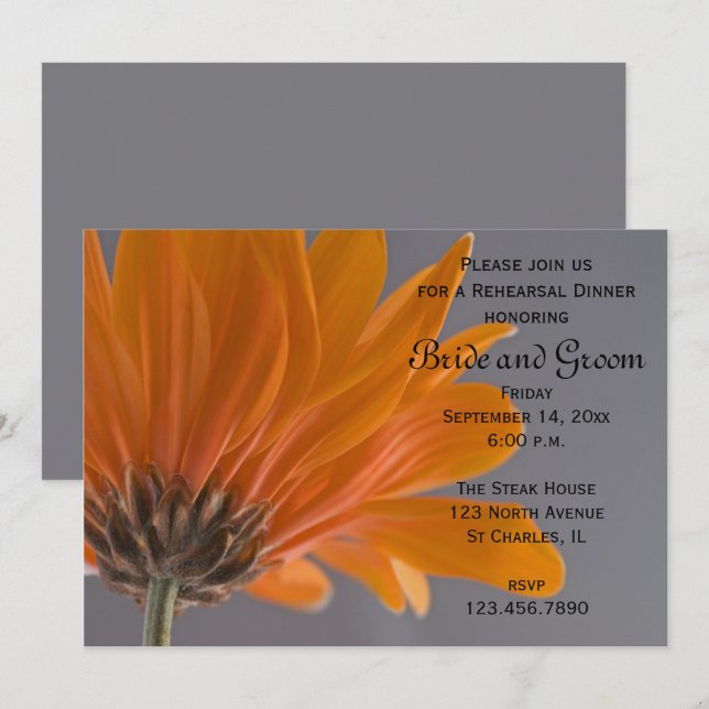 Invitación Naranja Daisy en la cena de ensayo de Bodas grises (Anverso / Reverso)