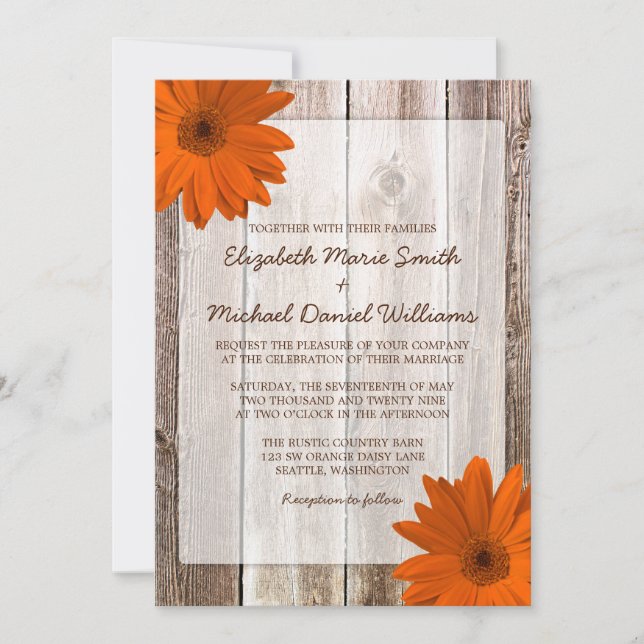 Invitación Naranja Daisy Rustic Barn Boda (Anverso)