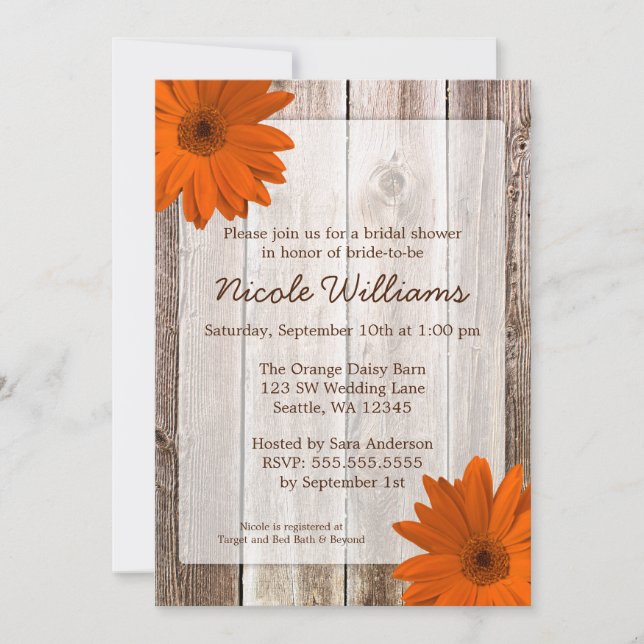 Invitación Naranja Daisy Rustic Barn Wood Bridal Shower (Anverso)