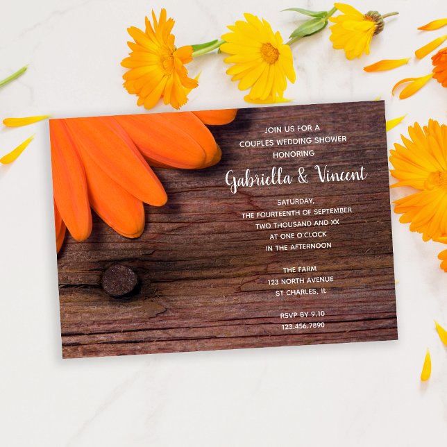 Invitación Naranja Daisy y Barn Wood Parejas Wedding Ducha (Subido por el creador)
