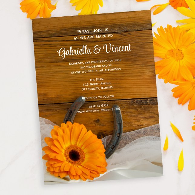 Invitación Naranja Daisy y Horseshoe País Boda Occidental (Subido por el creador)