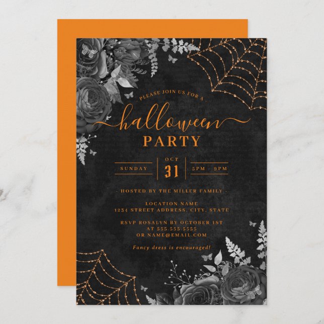 Invitación Naranja Dark Spooky Floral Cobwebs Fiesta de Hallo (Anverso / Reverso)