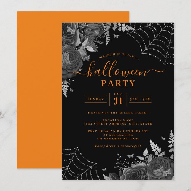 Invitación Naranja Dark Spooky Floral Cobwebs Fiesta de Hallo (Anverso / Reverso)