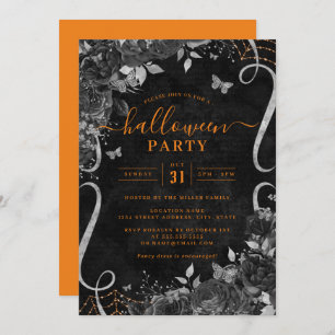 Invitación Naranja Dark Spooky Floral Scroll Halloween Party
