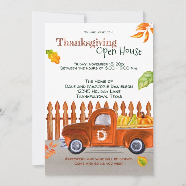 Invitación Naranja de Acción de Gracias Truck Pumpkins Open H (Anverso)