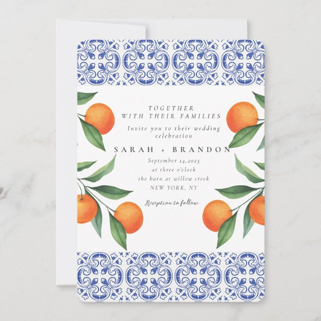 Invitación Naranja de acuarela Baldosas azules Boda mediterrá (Anverso)