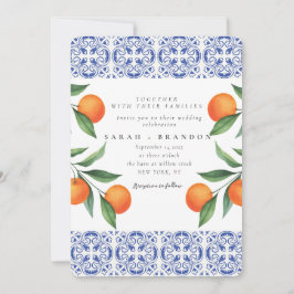 Invitación Naranja de acuarela Baldosas azules Boda mediterrá