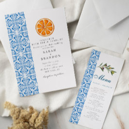 Invitación Naranja de acuarela Baldosas azules Boda mediterrá