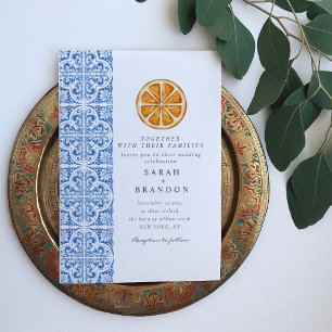 Invitación Naranja de acuarela Baldosas azules Boda mediterrá