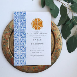 Invitación Naranja de acuarela Baldosas azules Boda mediterrá
