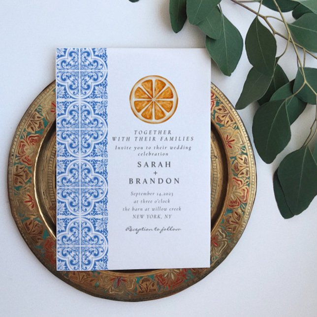 Invitación Naranja de acuarela Baldosas azules Boda mediterrá (Subido por el creador)