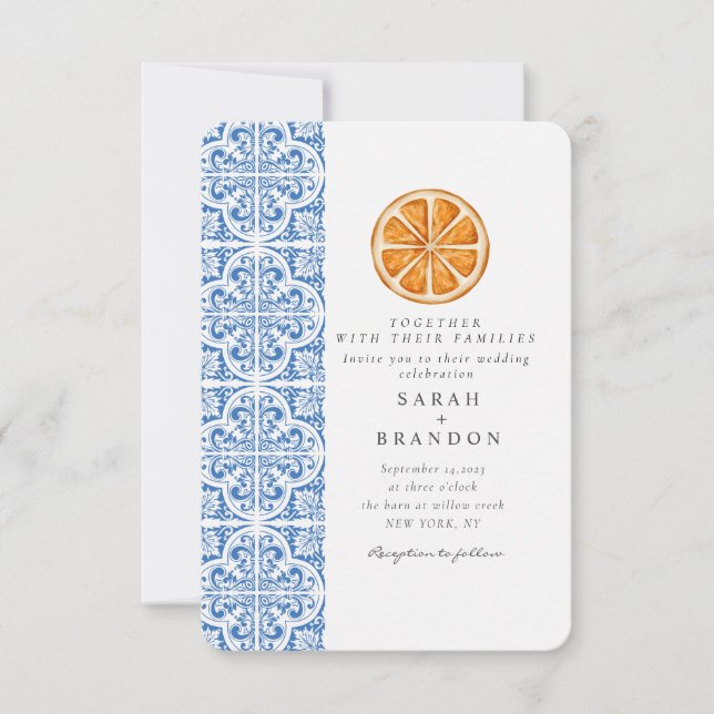 Invitación Naranja de acuarela Baldosas azules Boda mediterrá (Anverso)