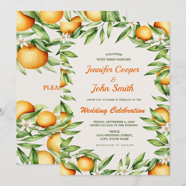 Invitación Naranja de acuarela Boda botánico de frutas cítric (Anverso / Reverso)