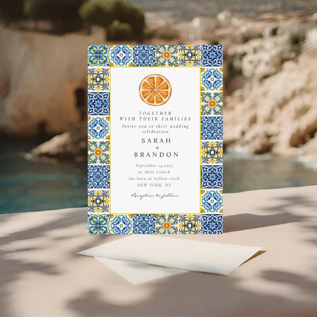 Invitación Naranja de acuarela Boda de azulejos azul mediterr (Subido por el creador)