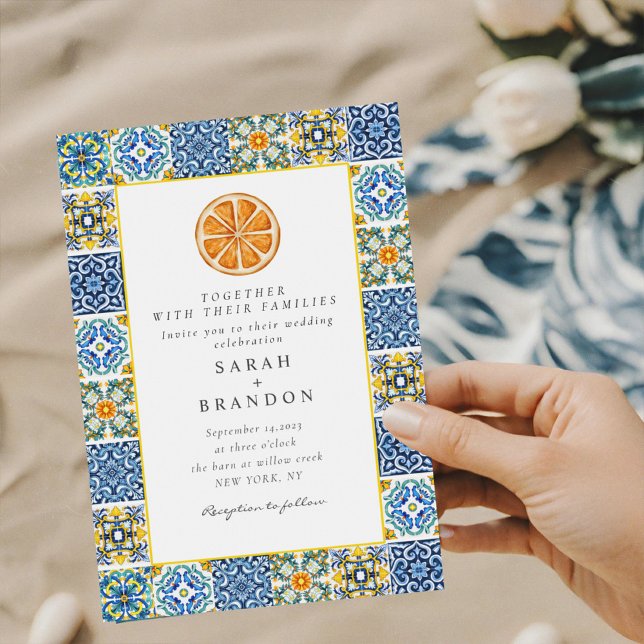 Invitación Naranja de acuarela Boda de azulejos azul mediterr (Subido por el creador)