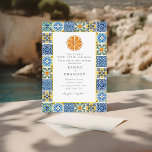 Invitación Naranja de acuarela Boda de azulejos azul mediterr<br><div class="desc">Buganvillas de color acuático Olive Citrus Italiano Blue Tile Mediterráneo</div>