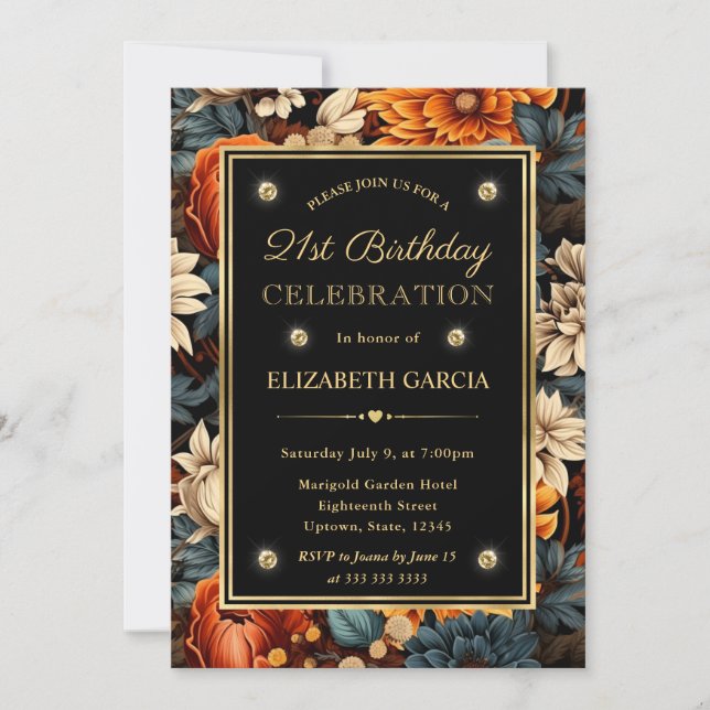 Invitación Naranja de acuarela Brown Fall deja 21 cumpleaños (Anverso)