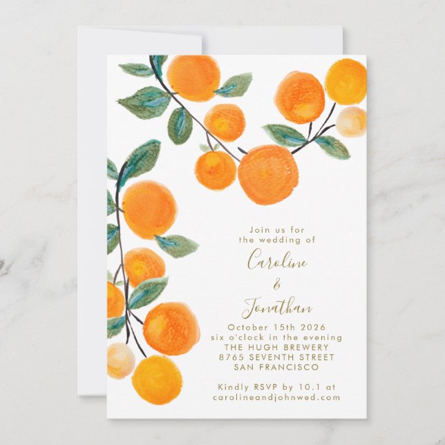 Invitación Naranja de acuarela Citrus Boda de guión de fruta  (Anverso)