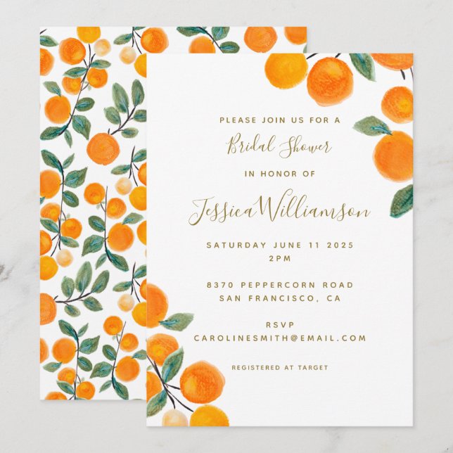 Invitación Naranja de acuarela Citrus Fruit Bridal Shower (Anverso / Reverso)