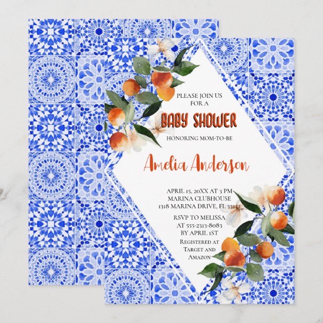 Invitación Naranja de acuarela Citrus Mediterranean Baby Show (Anverso / Reverso)