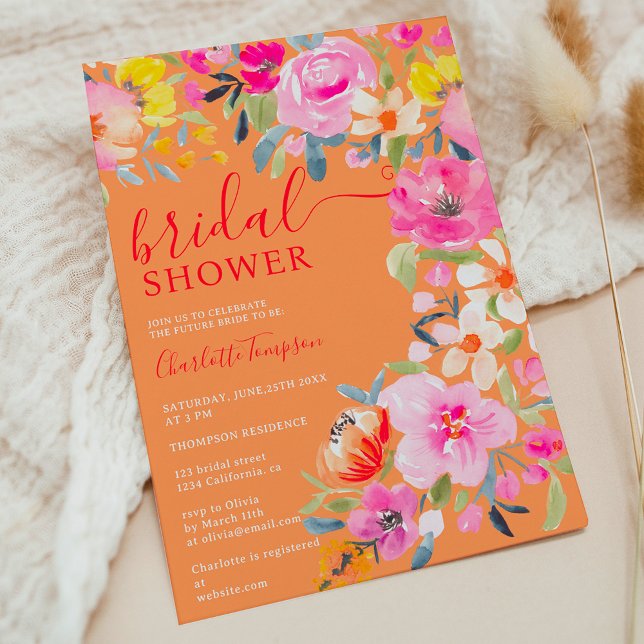 Invitación Naranja de acuarela floral bohemia con ducha de no (Bohemian floral watercolor orange bridal shower invitation)