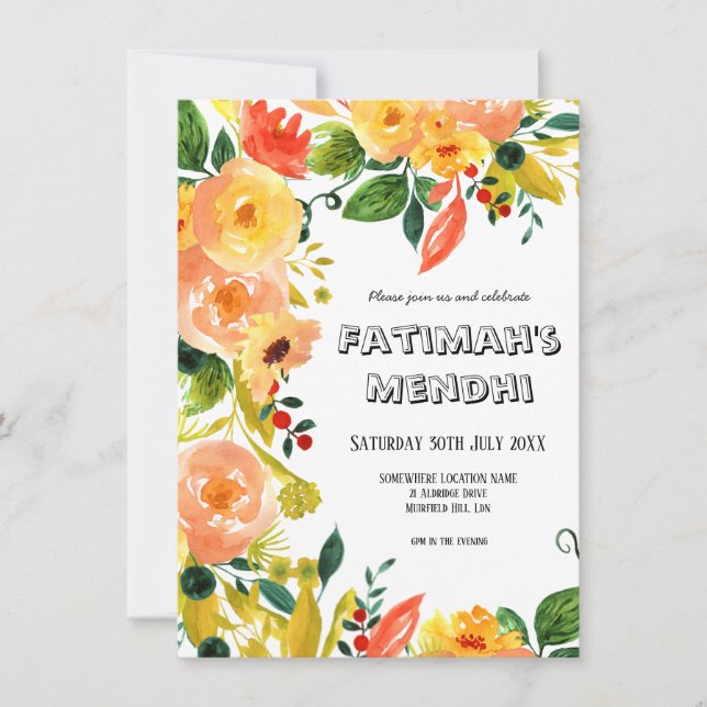 Invitación Naranja de acuarela Floral Rustic Boho Boda (Anverso)